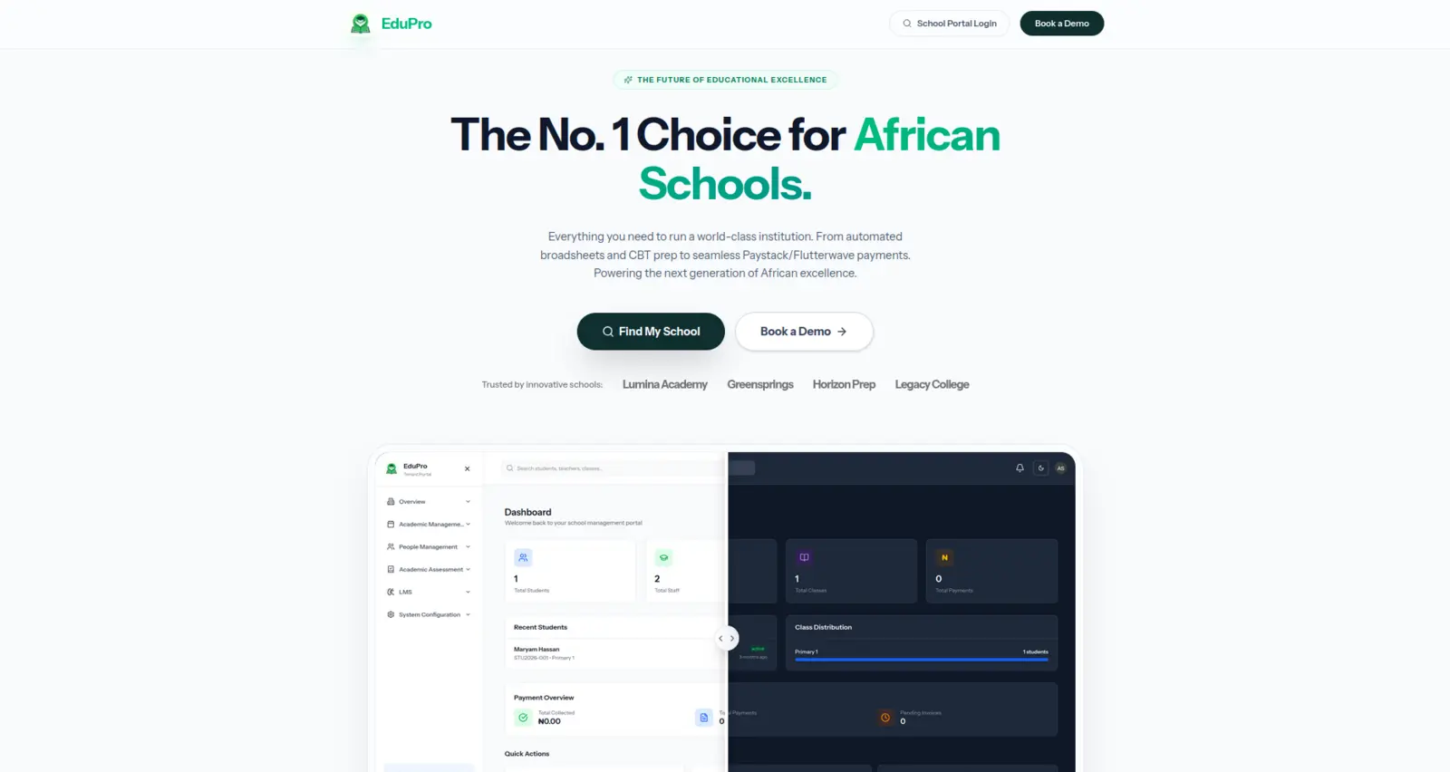 Classyra landing page with the school dashboard in light and dark themes