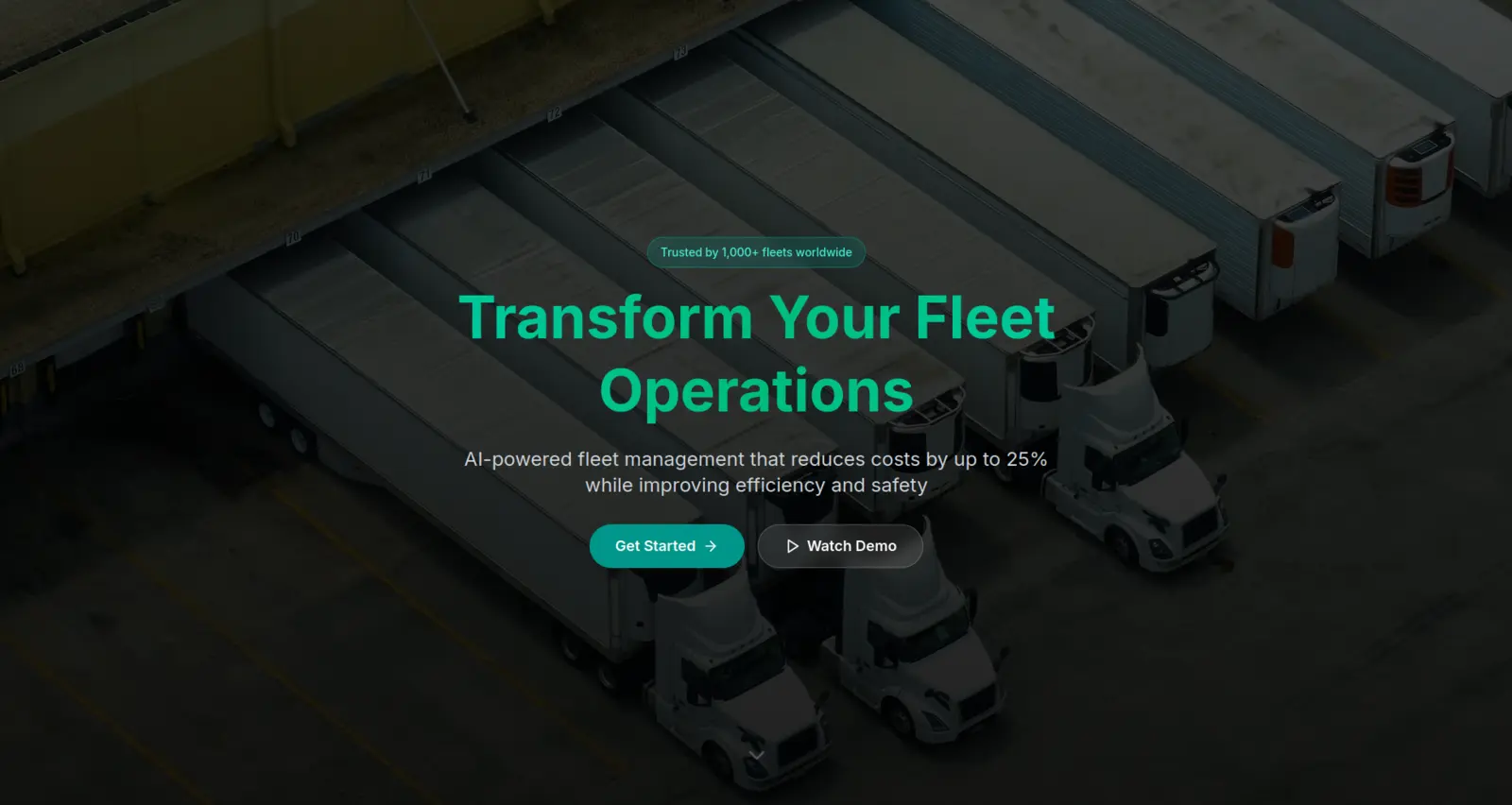 RouteTrack landing page over an aerial view of parked trucks